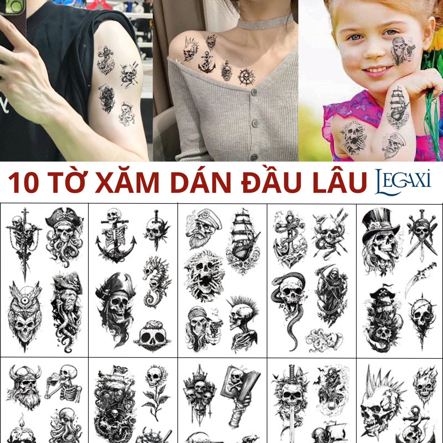 Set 10 Tờ Hình Xăm Dán Tattoo Kinh Dị Hoá Trang Halloween Hình Cướp Biển Cá Mập Đầu Lâu Kiếm Hải Tặc