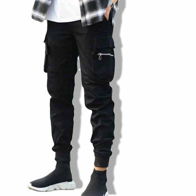 Quần Jogger túi hộp 1 khóa kéo dài ống bo gấu - Chất Vải Kaki Kiểu Thể Thao UNISEX một Màu Đen. 01x