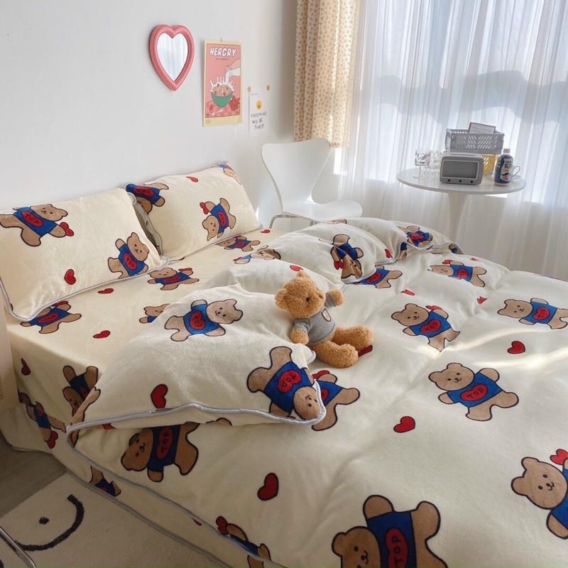 Bộ Chăn Ga Gối Nỉ Nhung Sữa Hàng Nhập Khẩu Cao Cấp 4 Món 4 Màu Ngộ Nghĩnh