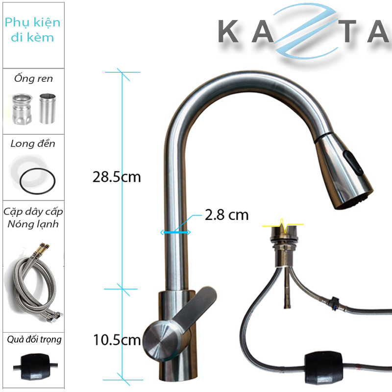 Vòi rửa bát nóng lạnh KAZTA KZ-R01 đầu rút inox 304 có nút chỉnh 2 chế độ nước-kèm 2 dây cấp nóng lạnh