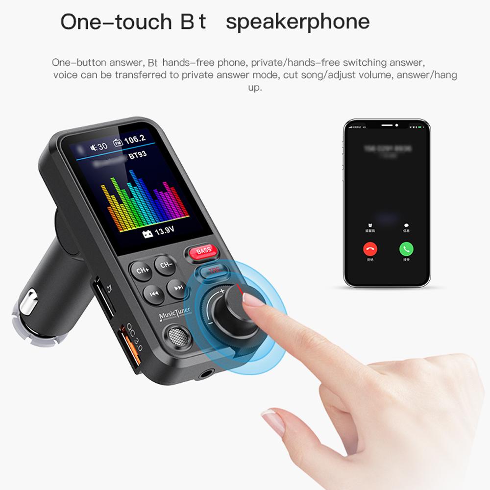 Car BT MP3 Player FM Transmitter Dual USB Car Charge Adapter with 1.8 Inch Color Display Support Hands-Free Calling U-Disk/TF Card Playback Voice Assistant Treble/Bass Adjustable Voltage Display