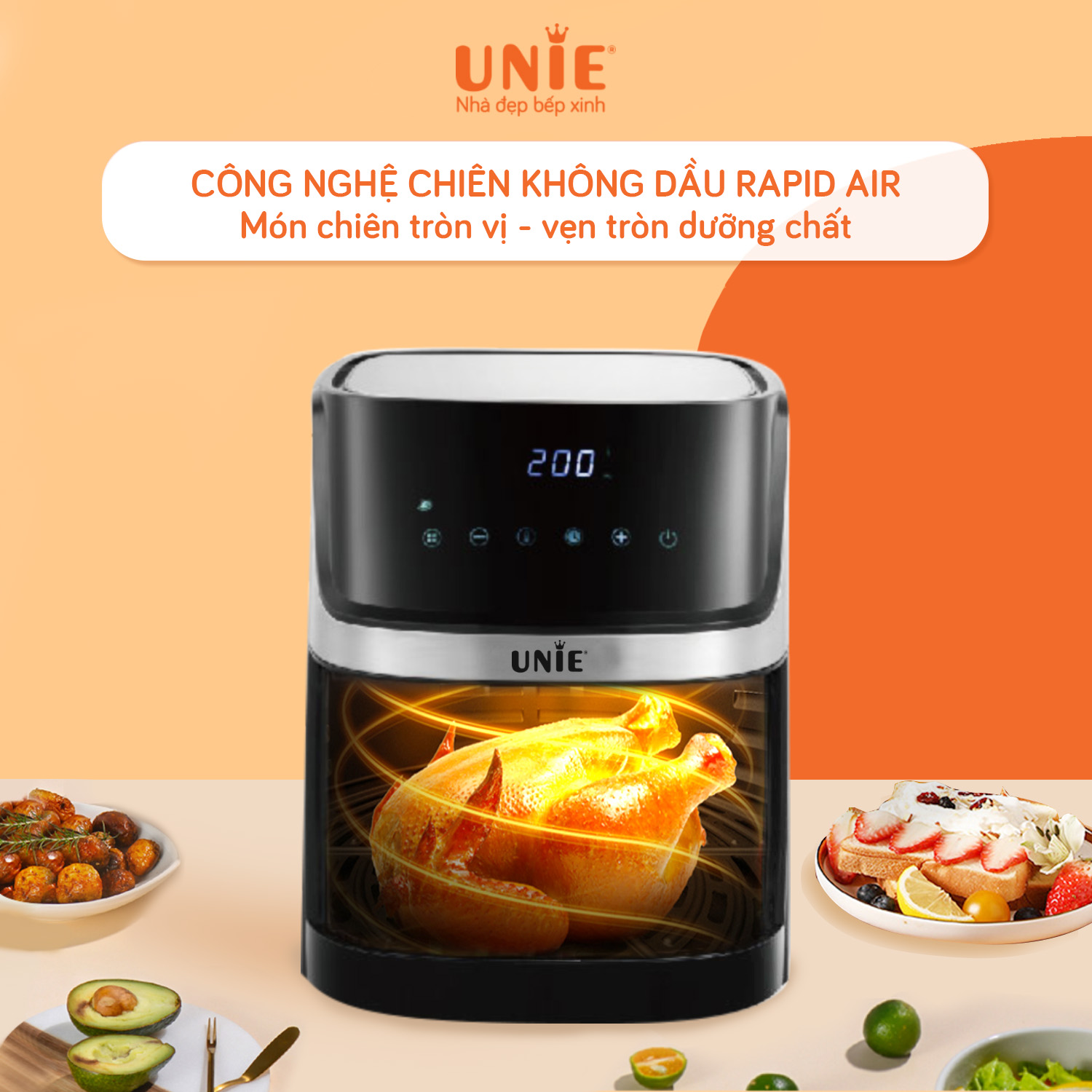 Nồi Chiên Không Dầu UNIE UE-600 Tiêu Chuẩn Đức 8 Chương Trình Nướng Dung Tích 6.5 Lít Công Suất 1500 W - Hàng Chính Hãng