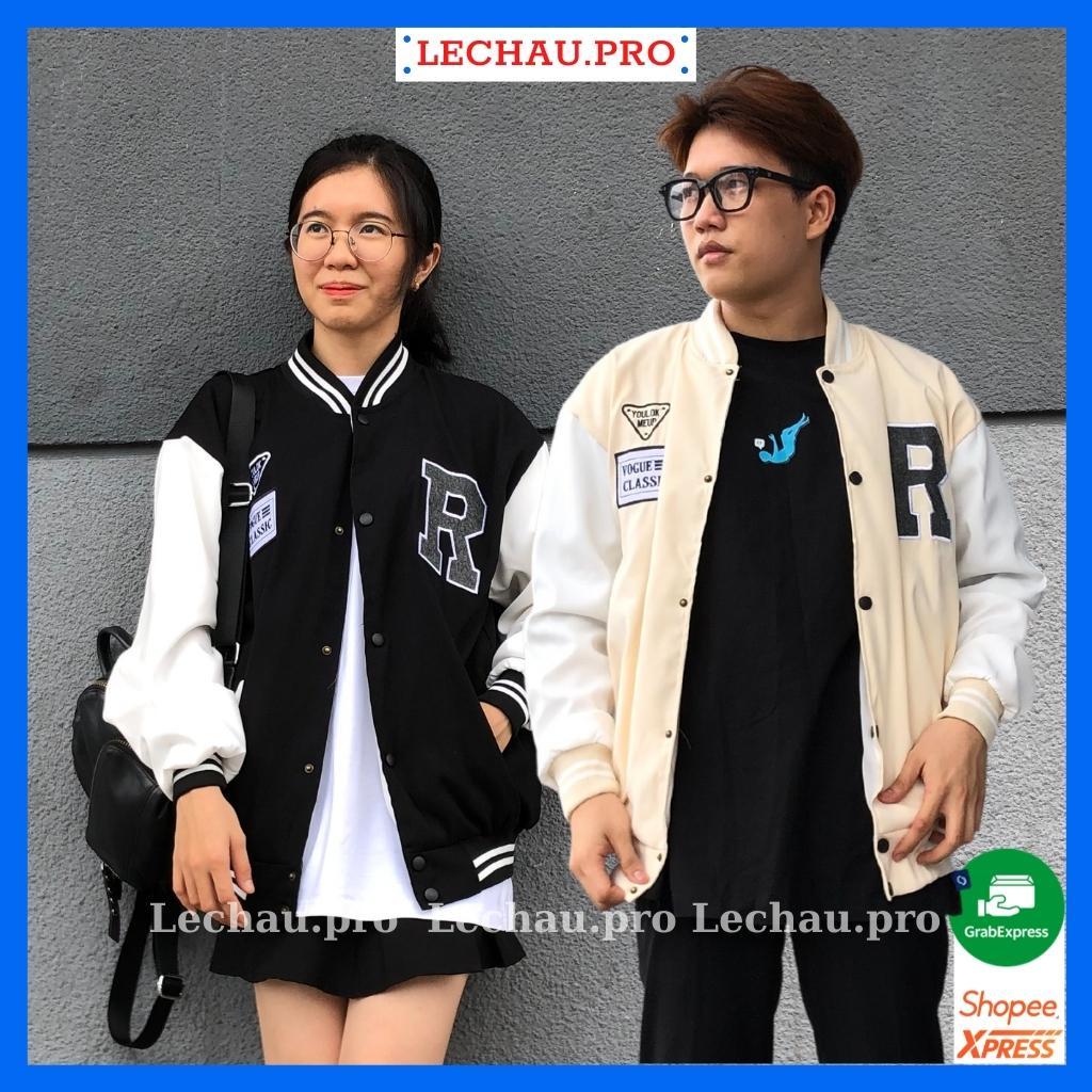 Áo khoác bomber nam nữ ulzzang hottrend logo R Varsity jacket da lộn cao cấp unisex form rộng streetstyle đẹp xịn - F426 Đen &lt; 70kg