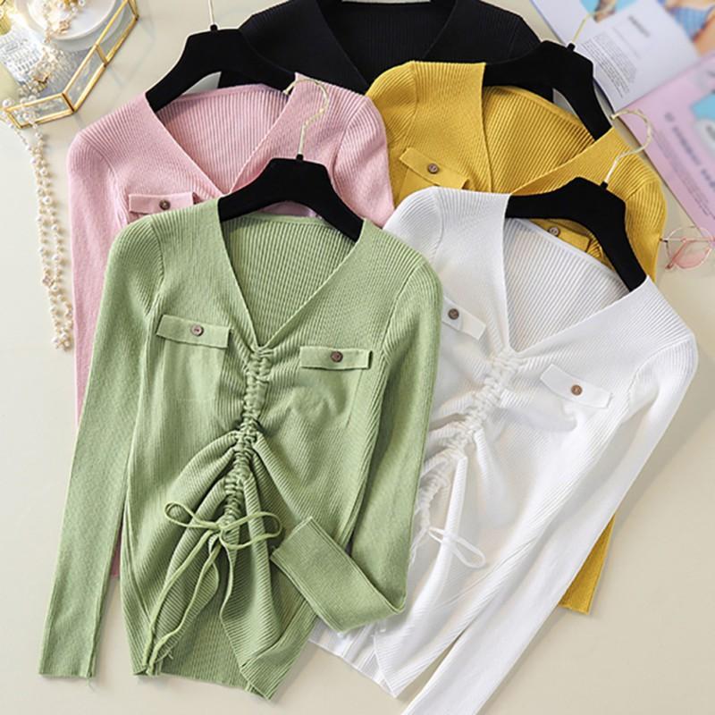 Áo sweater nữ tay dài cổ chữ V màu trơn thời trang