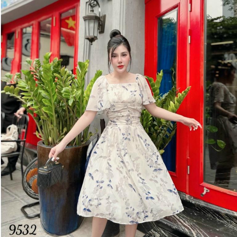 Đầm váy nữ hoa cổ vuông tay bồng dự tiệc màu trắng nhẹ nhàng