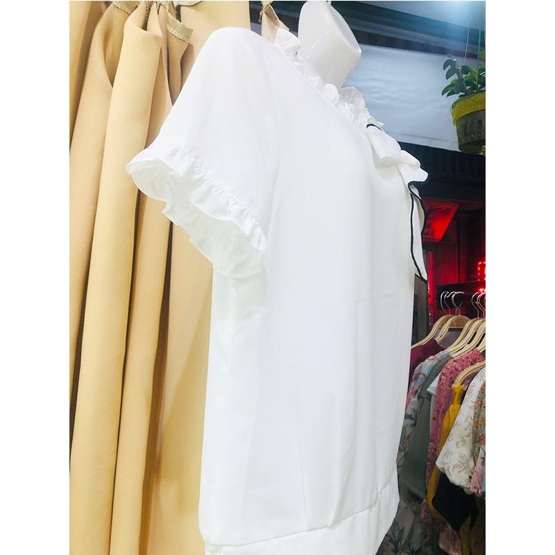 Áo sơ mi cổ tròn thêu nơ trước ngực chất tơ hàn siêu mát
