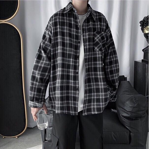 Hình ảnh Áo sơ mi khoác ngoài form rộng unisex - Áo sơ mi nam nữ oversize sọc caro số 1