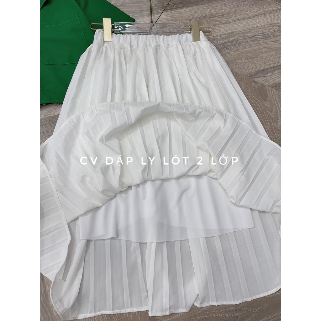 Set Áo Cổ Vest Croptop Túi Hộp Mix Chân Váy Xếp Li Trắng Dài