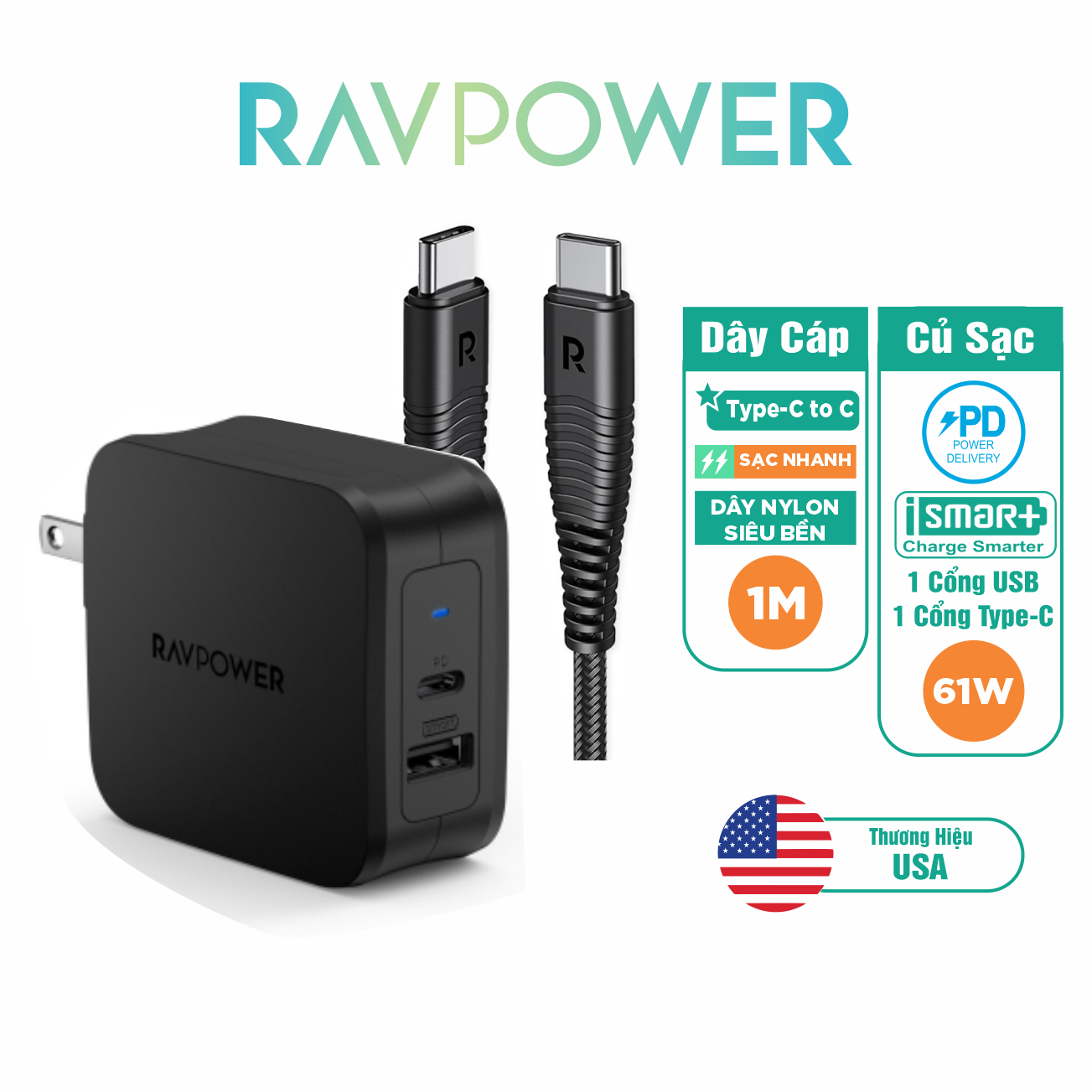 Combo RAVPower Củ Sạc Điện Thoại USB Type-C 61W RP-PC105 + Dây Cáp Sạc Type C to Type C RP-CB047 - Hàng Chính Hãng