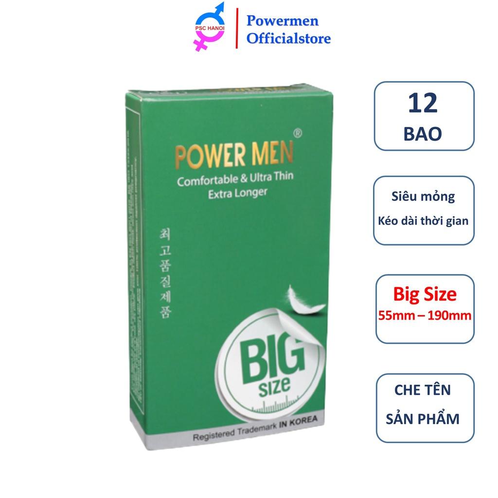 Bao cao su Powermen Comfortable Ultrathin longer siêu mỏng trơn size lớn 55mm chứa 5% benzocain kéo dài thời gian hộp 12 BCS