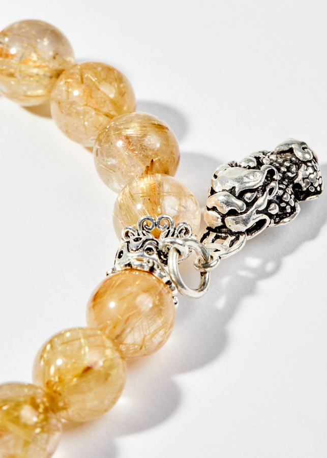 Vòng Tay Phong Thủy Nữ Đá Thạch Anh Tóc Vàng Phối Charm Tỳ Hưu & Kỳ Lân Bạc Mệnh Thổ, Kim Ngọc Quý Gemstones