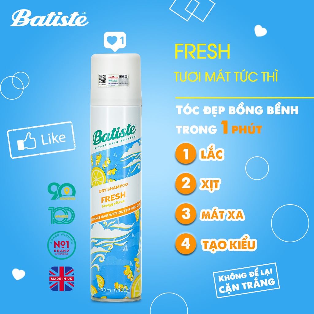 Dầu Gội Khô Batiste Tươi Mát Tức Thì - Batiste Dry Shampoo Light & Breezy Fresh 200ml