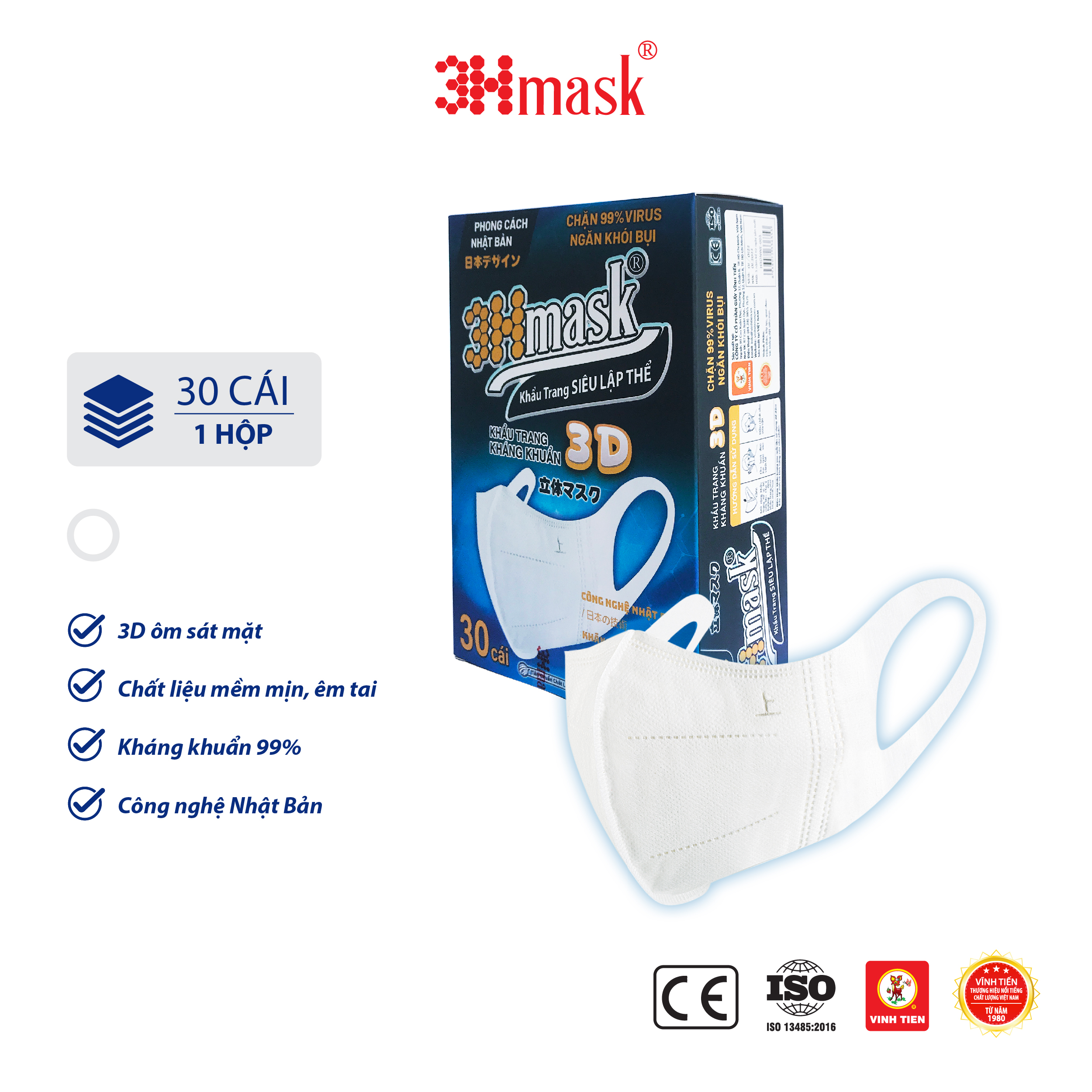 [Giá sỉ] Set 30 khẩu trang 3D 3Hmask chống bụi mịn, kháng khuẩn 99%, công nghệ Nhật Bản cao cấp