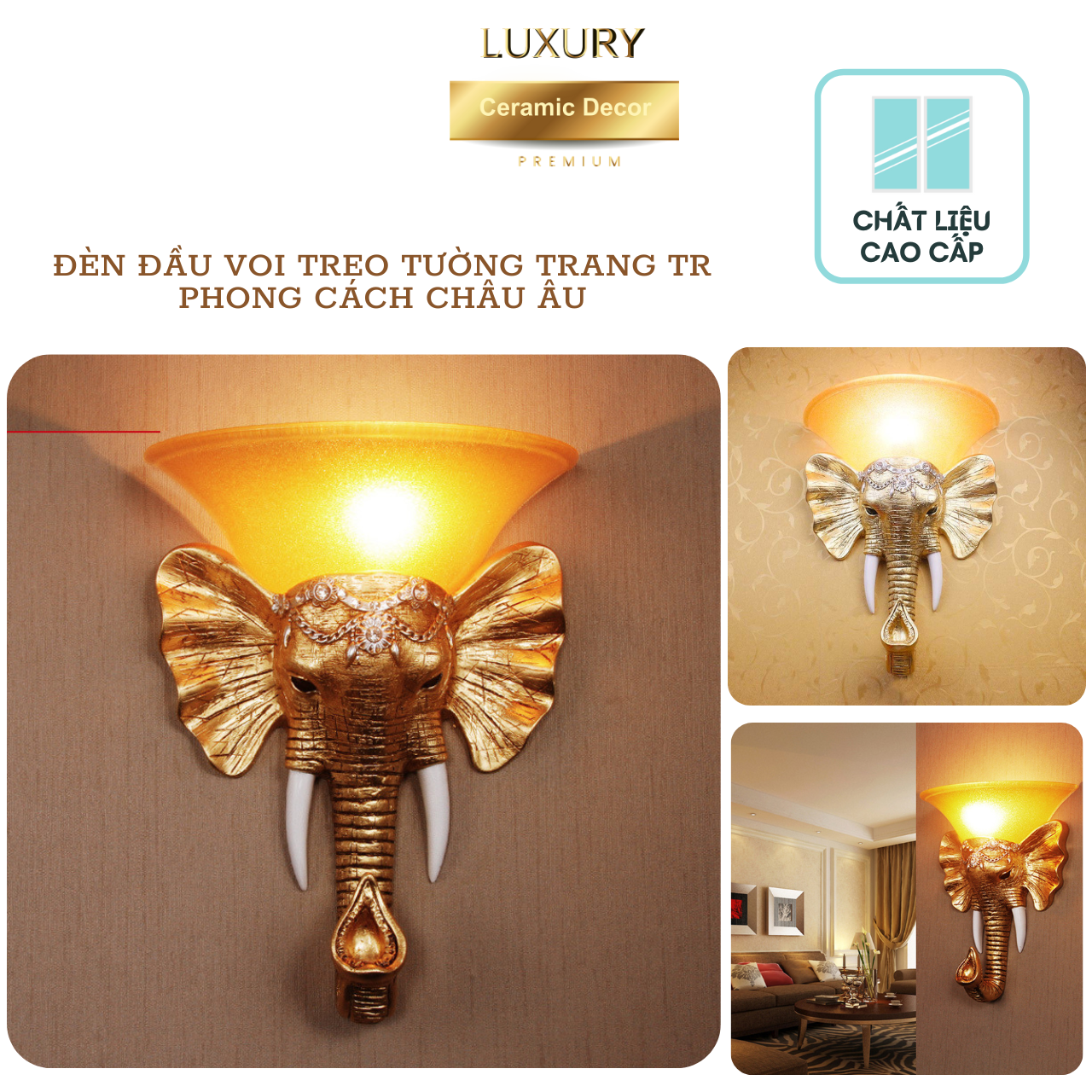 Đèn Trang Trí Đầu Voi Treo Tường Tối Giản Châu Âu Cao Cấp Sang Trọng Màu Gold - Hàng Nhập Khẩu