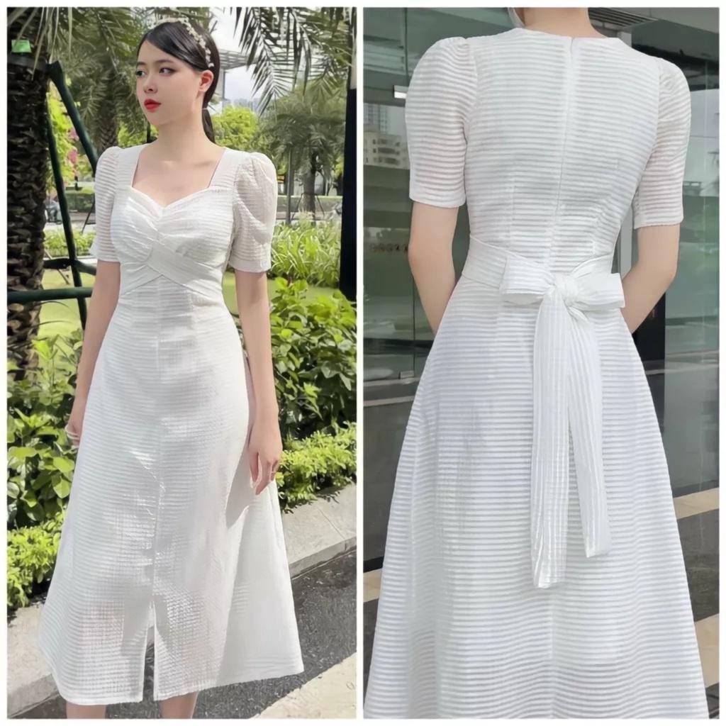 Đầm Nữ Cộc Tay Cổ Tim Nơ Lưng Vải Gấm Xốp 2 Lớp Xẻ Tà Tay Bồng