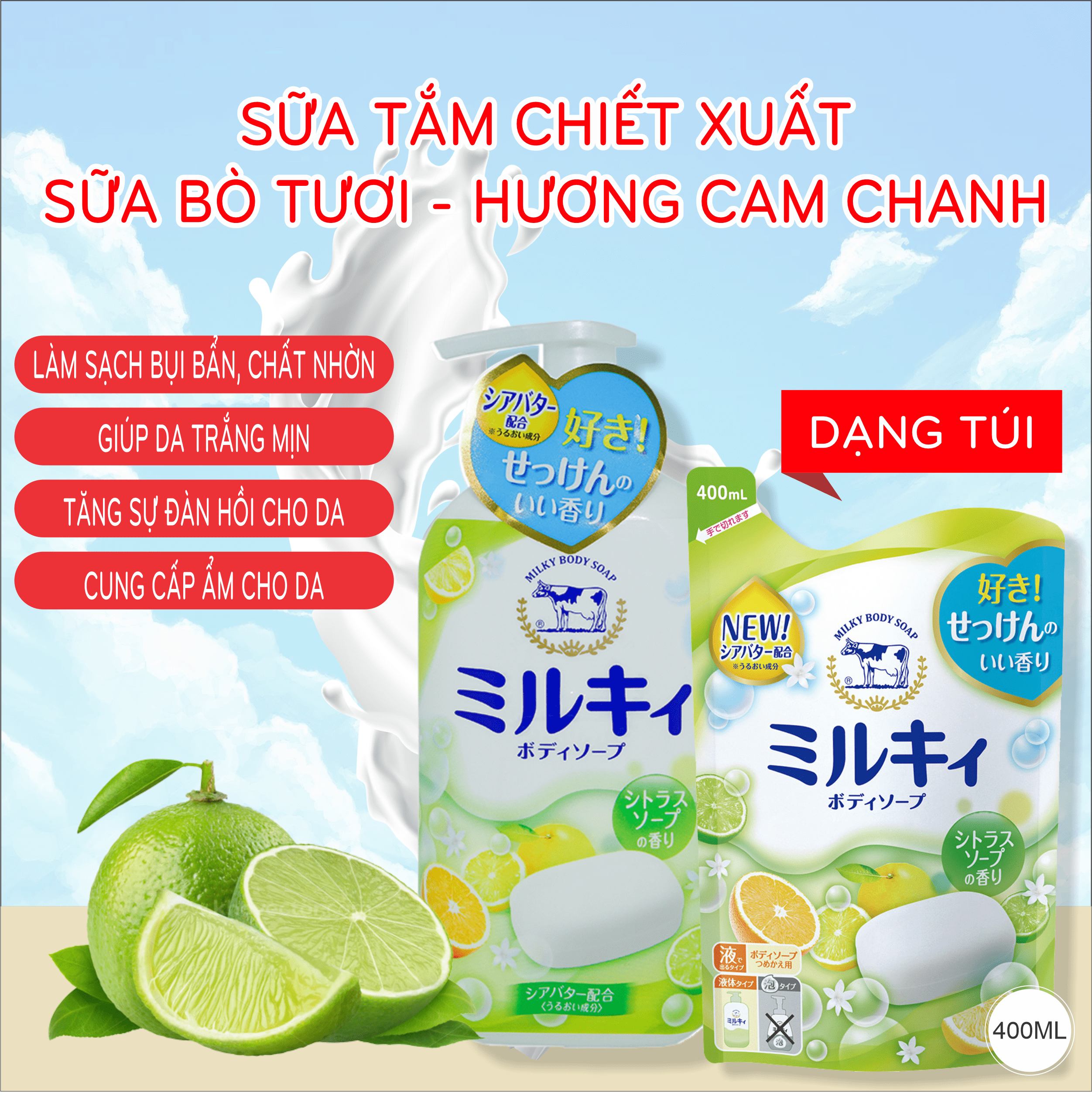 Sữa Tắm Dưỡng Trắng Mịn Da Hương Cam Chanh Cow Milky Body Soap Pump Chiết Xuất Sữa Bò Tươi Refil (Combo Sữa Tắm Và Set 24ml)