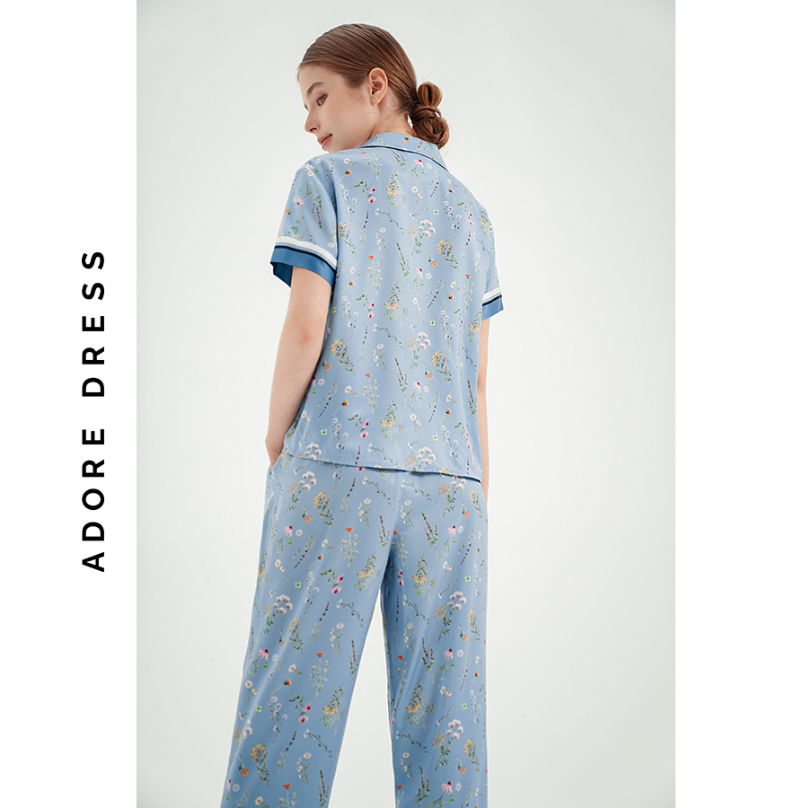 Pijamas tay cộc quần dài lụa blue in hoa phối gấu quần 313HO1002 ADORE DRESS