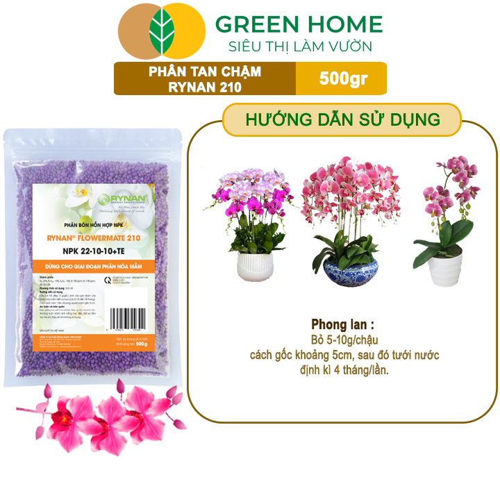 Phân Tan Chậm GreenHome, Rynan 210, Bao 500gr, Chuyên Dùng Cho Phong Lan Trưởng Thành