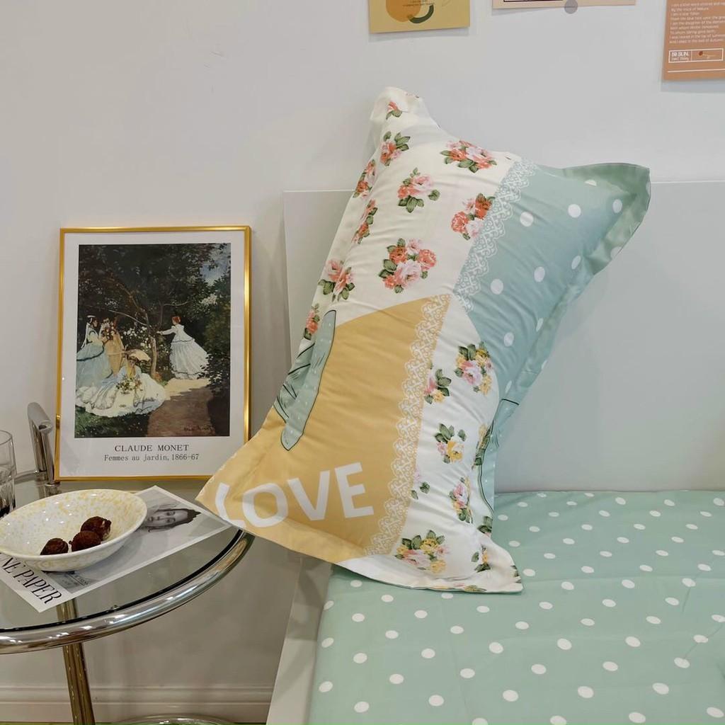 Bộ chăn ga gối Cotton Poly M2T bedding cánh hoa xanh, vỏ chăn mền, drap giường và 2 vỏ gối