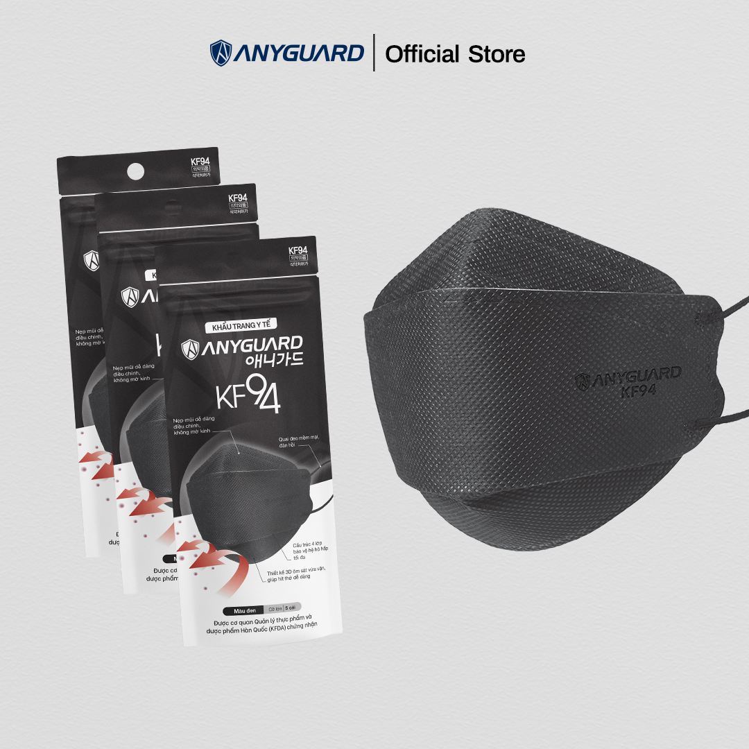 ComBo Khẩu Trang Y Tế Anyguard KF94 Màu Đen - Lọc Bụi Mịn và PM2.5, Ngăn 99% Vi Khuẩn, An Toàn Cho Da Nhạy Cảm , Dành Cho Người Lớn