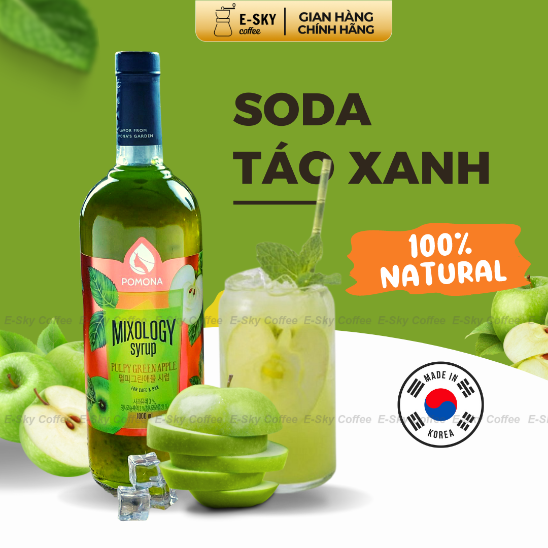 Siro Táo Xanh Pomons Pulpy Green Apple Syrup Nguyên Liệu Pha Chế Hàn Quốc Chai Thủy Tinh 1 lít