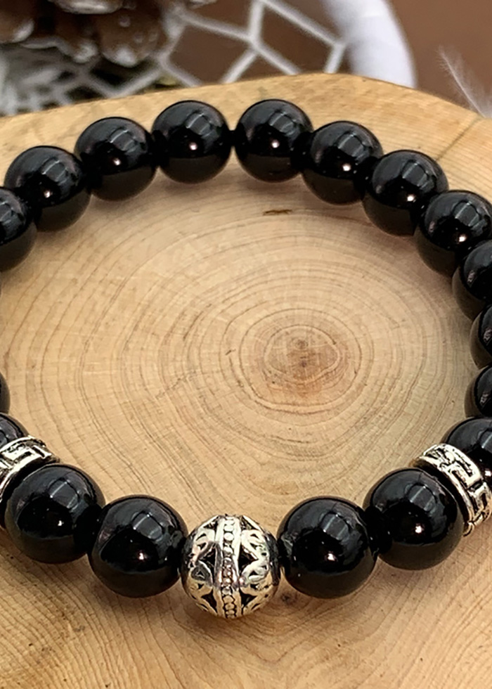 Vòng Đá Thạch Anh Đen 8 Ly Charm Bi Bạc Thái