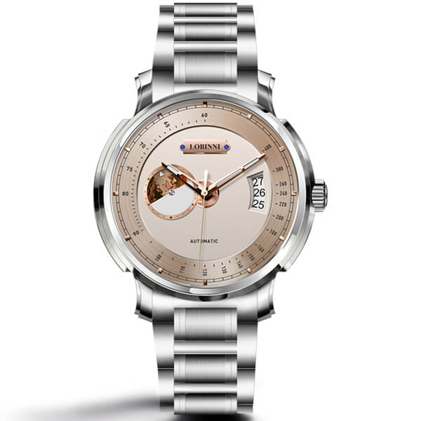 Đồng hồ nam chính hãng LOBINNI L17511-2 Fullbox, Kính sapphire ,chống xước,chống nước,mặt trắng vàng hồng, vỏ trắng ,dây kim loại thép không gỉ 316L, Mới 100%,Bảo hành 24 tháng,thiết kế đơn giản  và sang trọng