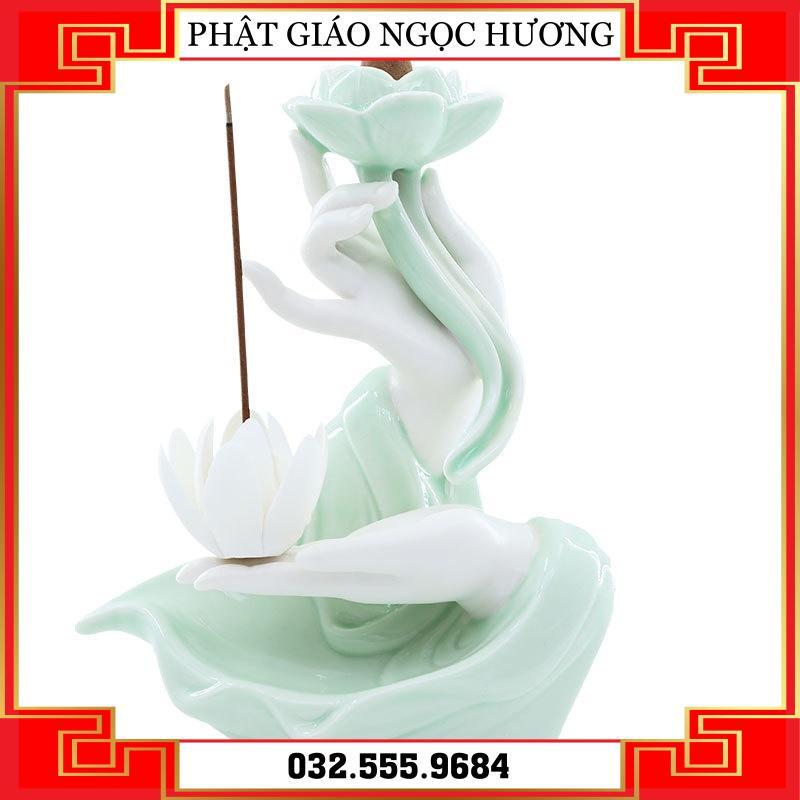 Thác khói Trầm Hương Bàn Tay Phật Cao Cấp - Thủ Ấn Tránh Ác Tarjani Mudra Hoa Sen - Cầm Sen Sứ Trắng Xanh Sen