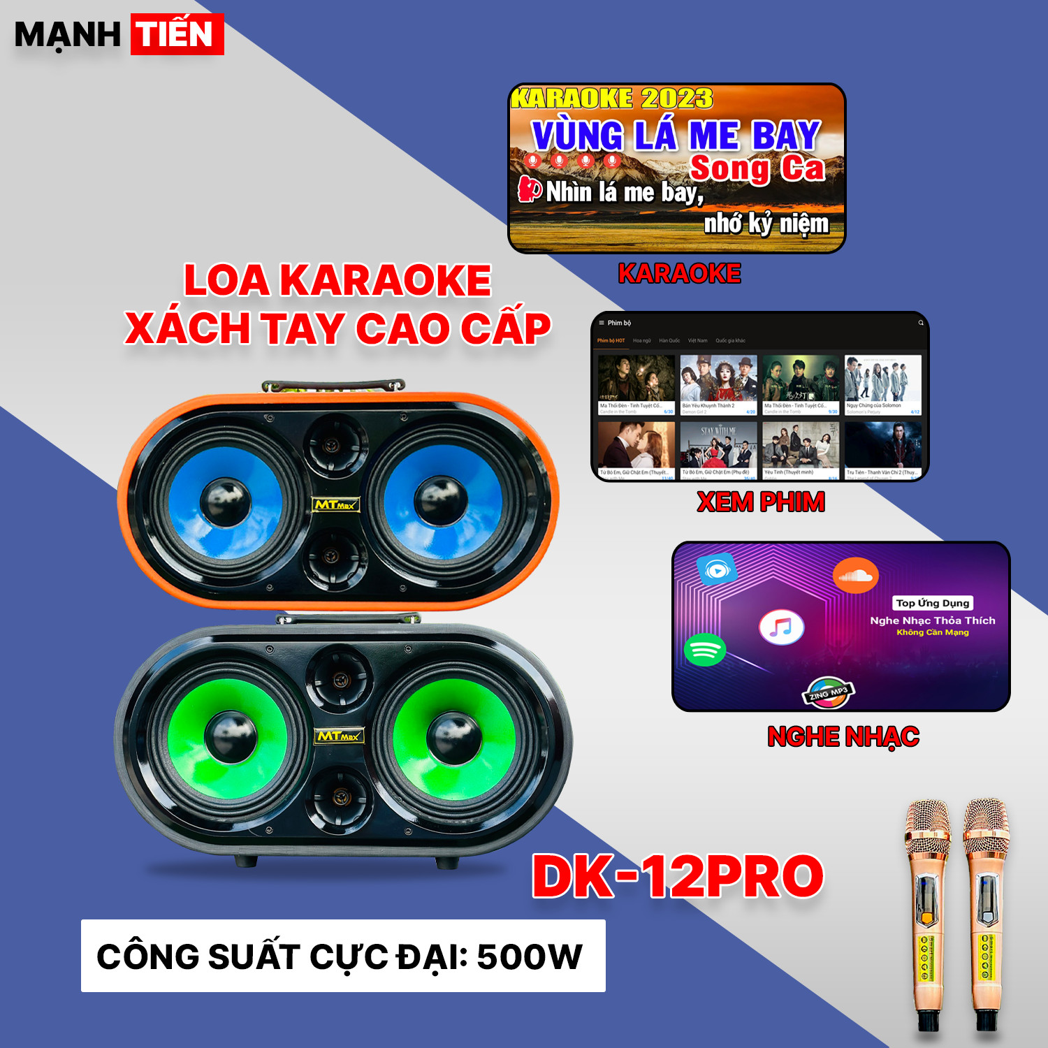 Loa Karaoke Xách Tay Mới Nhất 2024 - MTMAX DK12Pro - Loa 3 Đường Tiếng Công Suất Lớn 500W, Bass Đôi 2 Tấc, Âm Thanh Mạnh Mẽ, Đi Kèm 2 Micro Cao Cấp, Hàng Chính Hãng