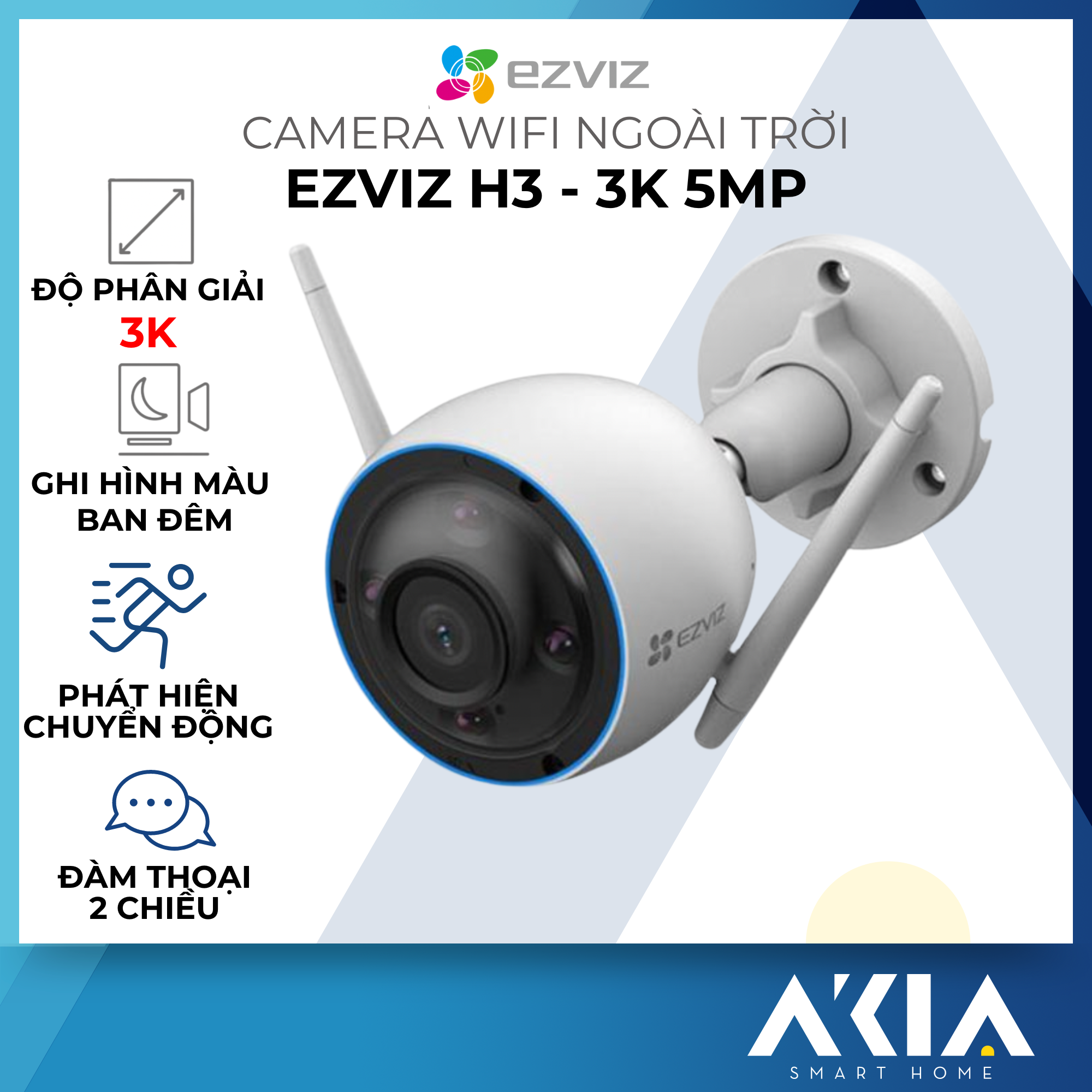 Camera IP Wifi Ngoài Trời Ezviz H3 3K 5MP - Phát hiện dáng người và xe cộ, ghi hình màu ban đêm, điều khiển bằng cử chỉ vẫy tay, cảnh báo giọng nói, đàm thoại 2 chiều - Hàng chính hãng