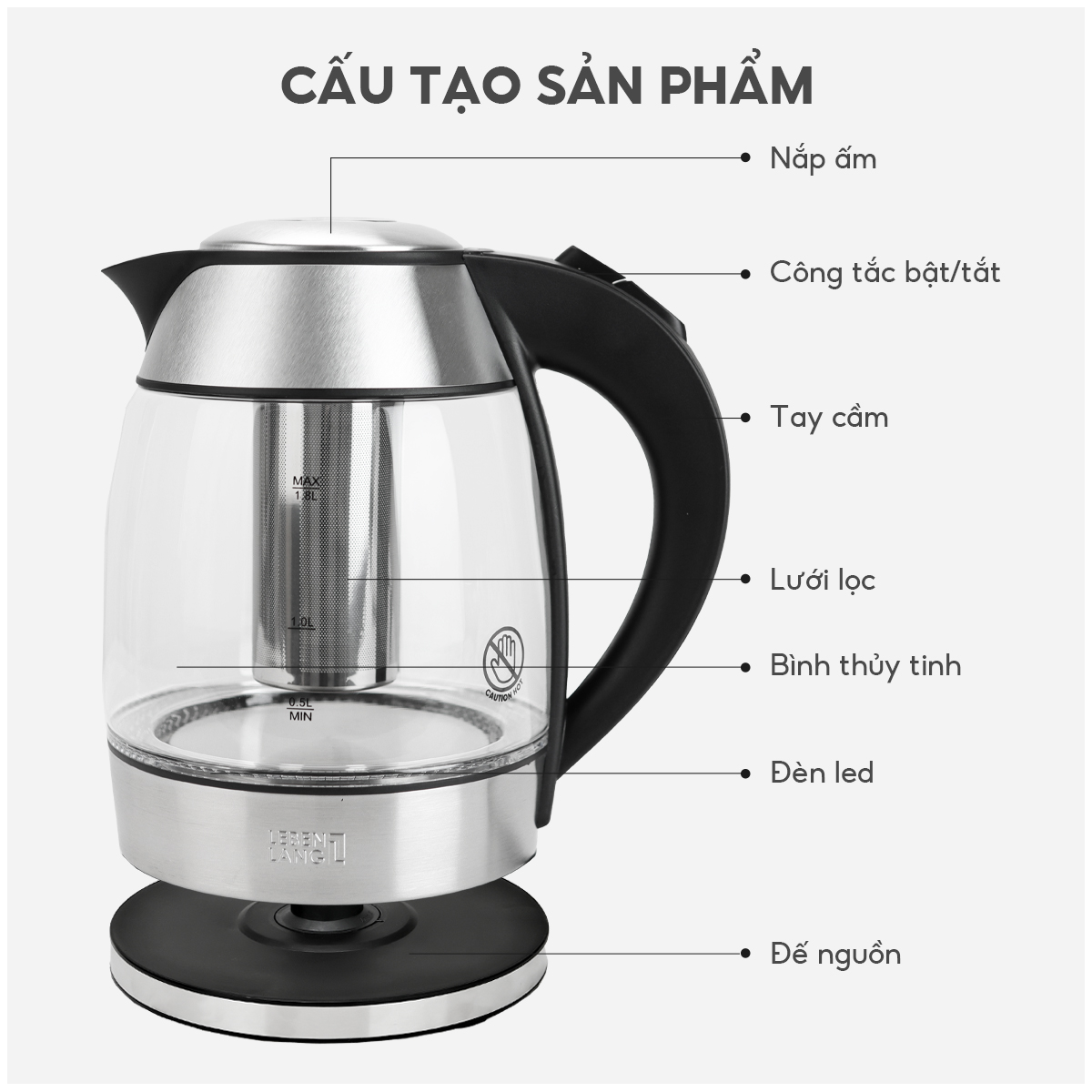 Ấm siêu tốc thuỷ tinh 1,8lit Lebenlang LBE2819 (hàng chính hãng)