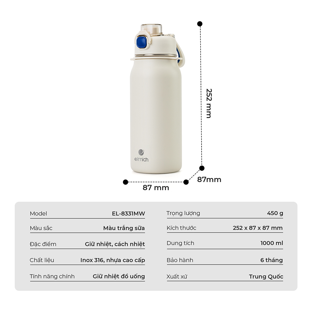 Bình giữ nhiệt inox 316 Elmich EL8331 1L, Hàng chính hãng, kèm ống hút silicone, chống tràn -JoyMall
