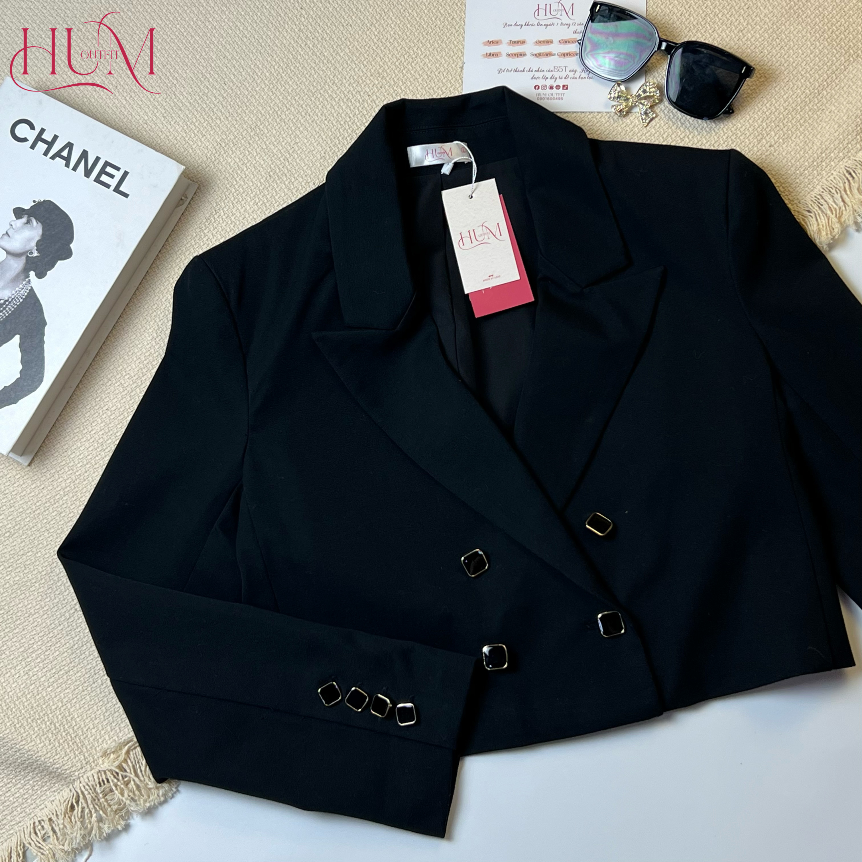 Áo Blazer nữ, Áo vest nữ, dáng ngắn, tay dài, form ôm, nút kim loại bọc đá, màu đen, Hàng thiết kế - Blazer Libra B07D