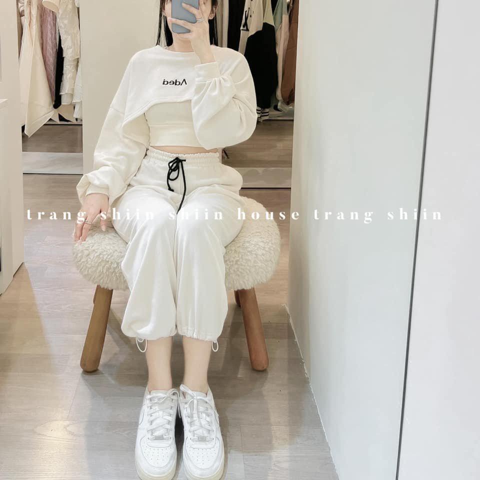 Set đồ đi biển,Sét 3 món áo croptop dài tay phồng kèm 3 lỗ phối quần bom trắng phong cách hiện đại thời trang nữ