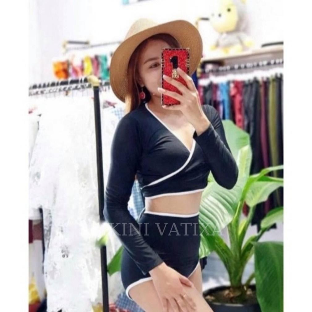freeship Bikini đồ bơi tay dài đắp chéo quần cạp cao viền trắng cột dây ngực sành điệu VATIXA BKN04