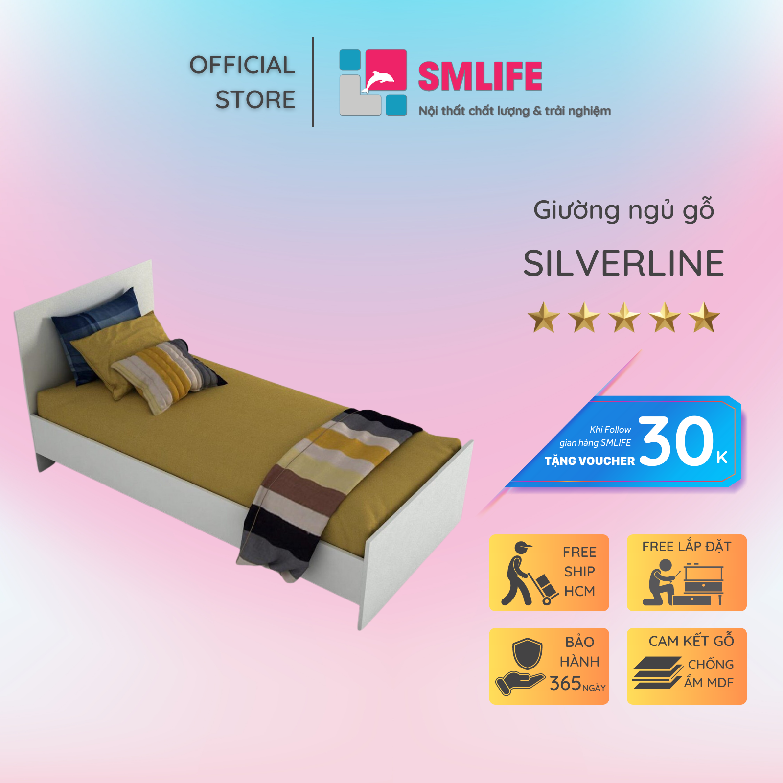 Giường ngủ gỗ hiện đại SMLIFE Silverline | Gỗ MDF dày 17mm chống ẩm | D194xR104xC90cm