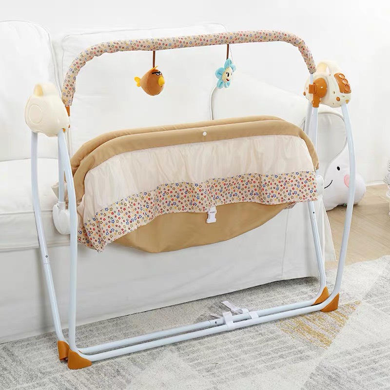 Nôi điện đu đưa điều khiển từ xa - Nôi khung sắt sơn tĩnh điện, vải bọc thoáng mát, 5 mức độ đưa, 3 chế độ hẹn giờ, 12 bài nhạc, kết nối bluetooth. Tặng đèn ngủ dễ thương