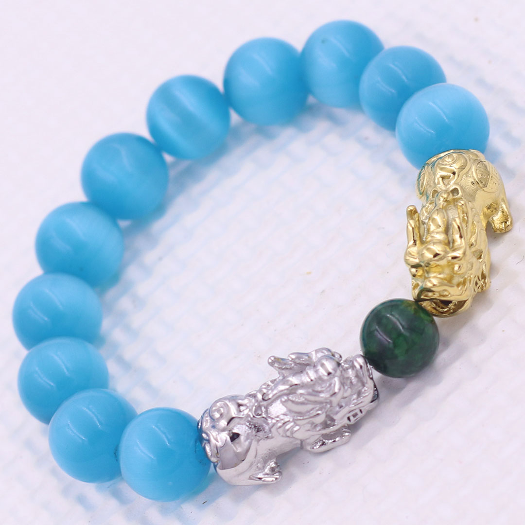Vòng chuỗi đeo tay đá mắt mèo xanh biển 12 ly charm tỳ hưu đôi inox trắng và vàng, vòng chuỗi phong thủy, charm tỳ hưu, vòng tay hạt chuỗi