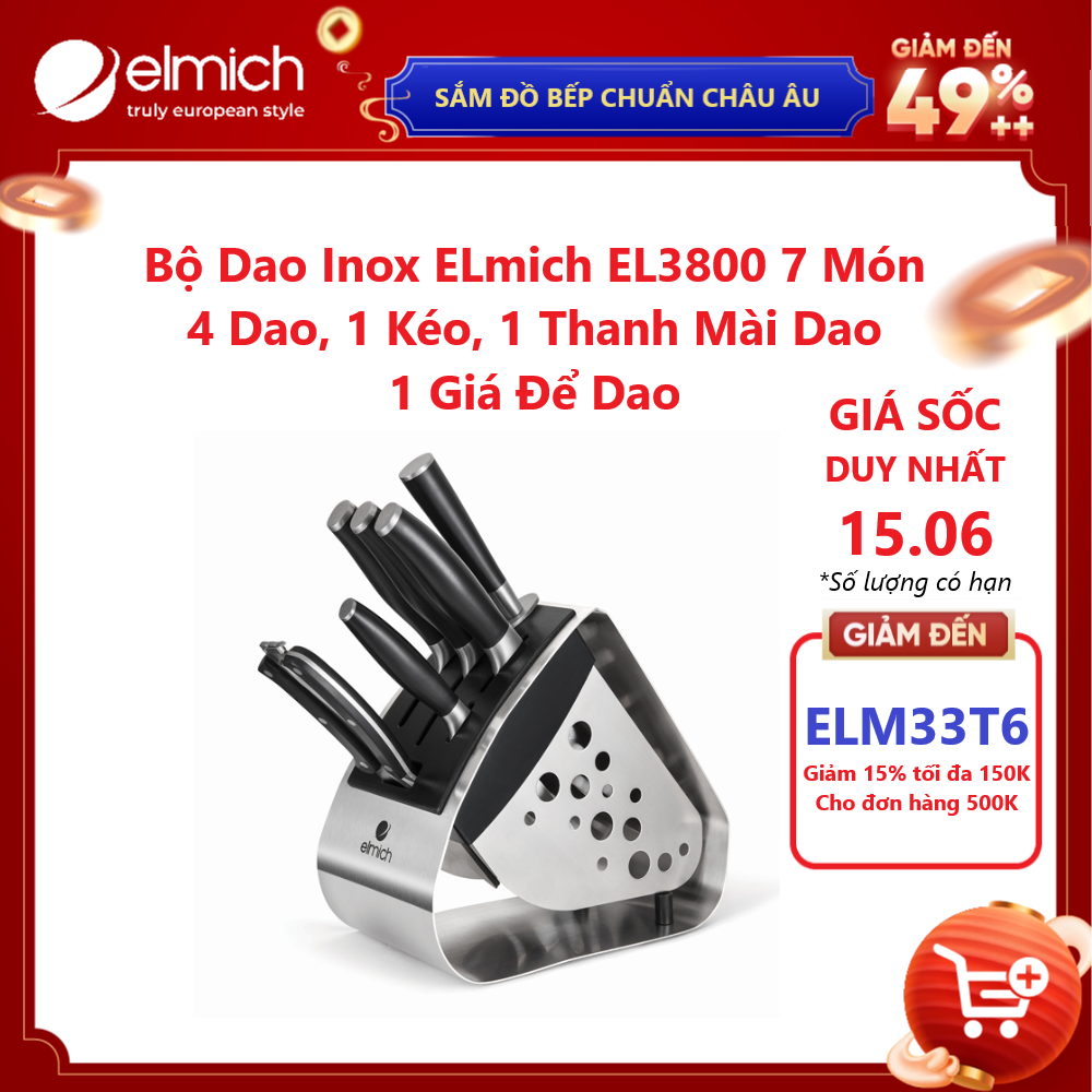 Bộ Dao Inox ELmich EL3800 7 Món (4 Dao, 1 Kéo, 1 Thanh Mài Dao, 1 Giá Để Dao)