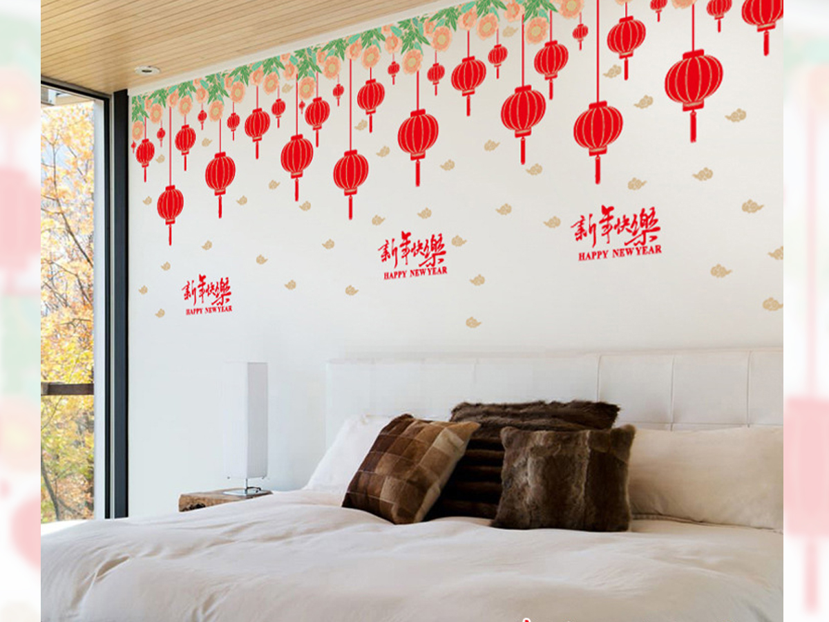 Decal trang trí tết-giàn hoa và dây treo lồng đèn