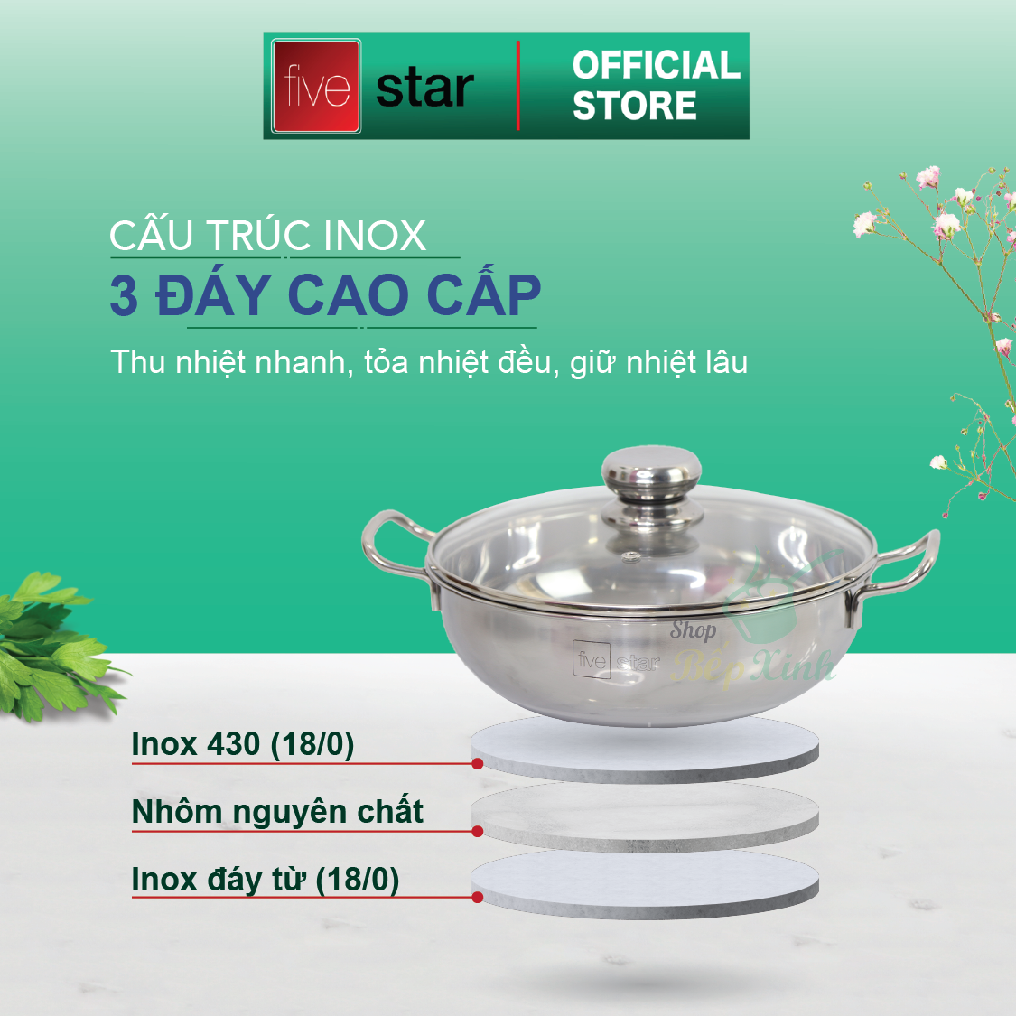 Nồi lẩu um xào đa năng đáy từ Five star nắp kính