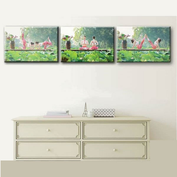 Bộ 3 Tranh Canvas Viền Composite Trang Trí Phòng Yoga "Yoga Giữa Hồ Sen" W052