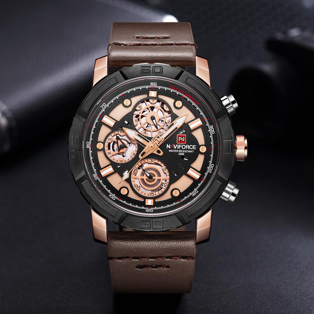 Đồng hồ thạch anh NAVIFORCE NF9139 dây da sáng,kim đồng hồ kỹ thuật số hiển thị giờ không thấm nước - Vàng hồng