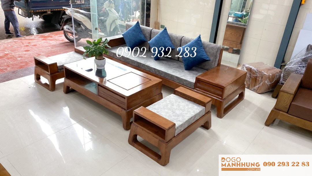 Bộ sofa phòng khách gỗ sồi 4 món đôn 2 tay