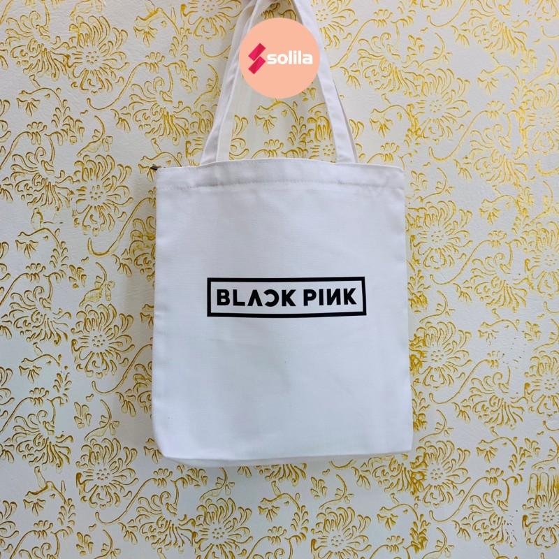 Túi tote vải canvas bag mềm đẹp có khóa kéo miệng túi và túi phụ bên trong in chữ Black Pink chữ đen cho nam nữ đi học