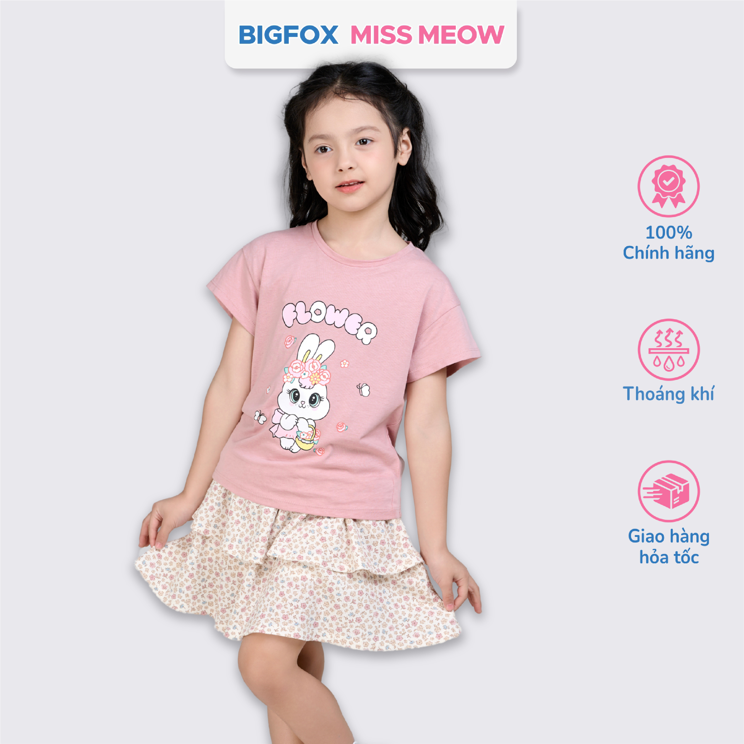 Set bộ cotton bé gái Bigfox Miss Meow size đại cộc tay mix chân váy hè cỡ 3,6,9,11 tuổi 30kg 40kg