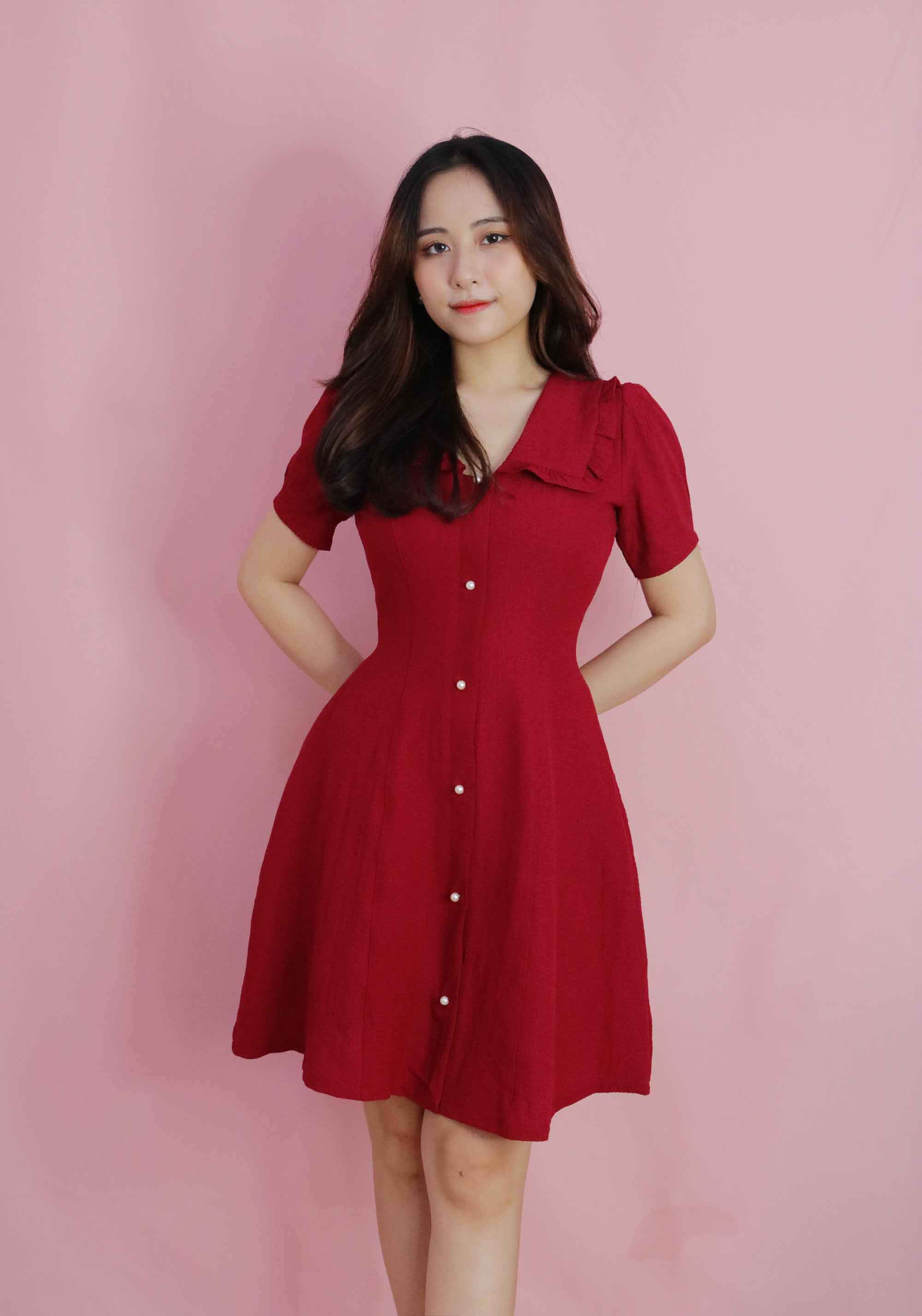 Đầm đỏ dự tiệc dáng xòe cổ v thanh lịch thiết kế cao cấp thời trang công sở đi tiệc đi làm eo tôn dáng