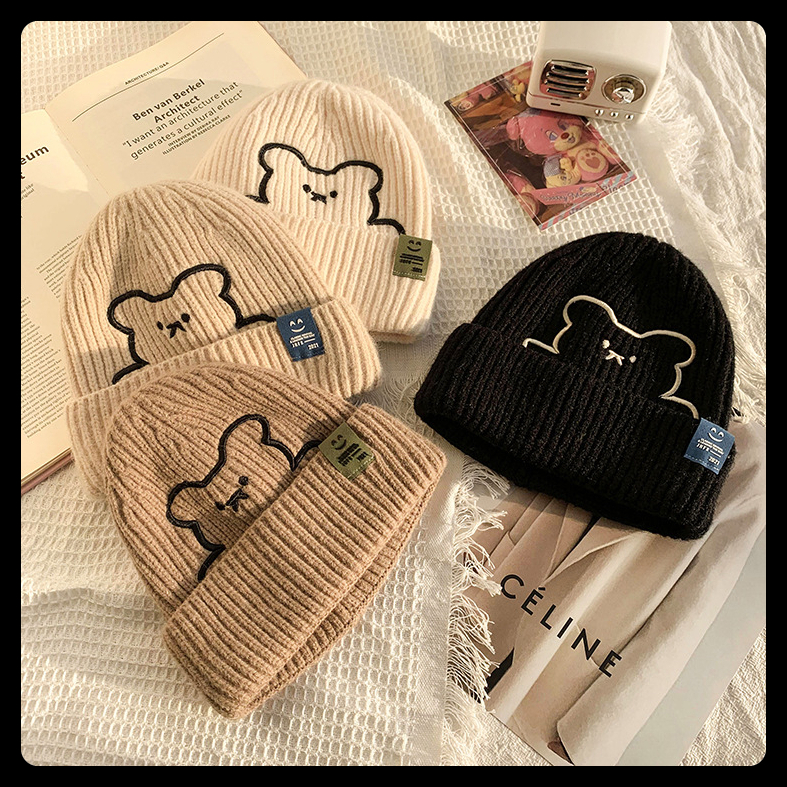 Nón len đội đầu nữ hình Gấu cute dáng beanie trùm tai thời trang mùa đông đẹp rẻ đi học đi chơi