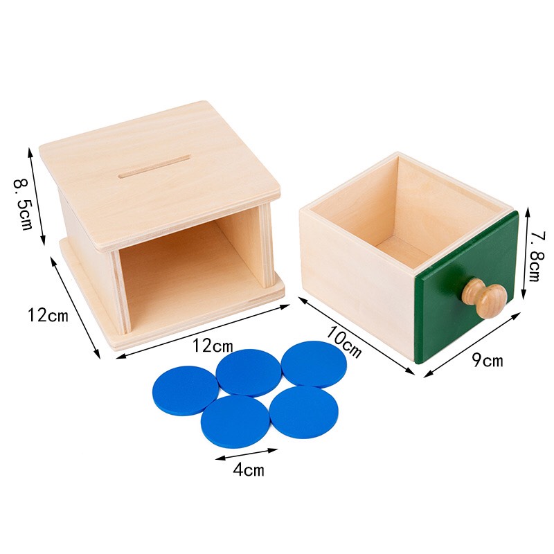 Đồ chơi giáo cụ Montessori cho bé 0-3 tuổi. Hộp Thả Đồng Xu và thả bóng Montessori. Kích thước 12x12cm