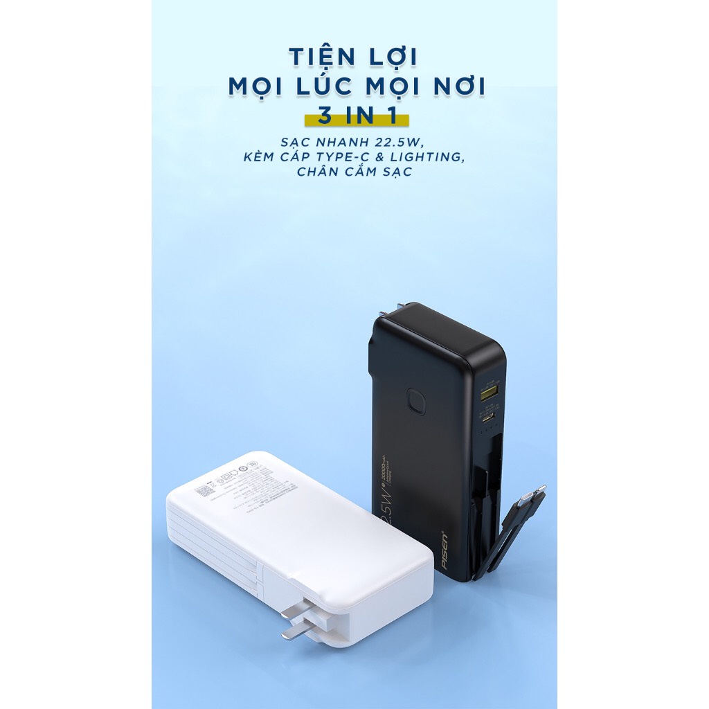 Sạc dự phòng PISEN D313 kèm chân cắm, kèm cáp sạc C/L, sạc nhanh  22.5w, 20000mAh - Hàng chính hãng